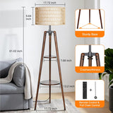 Boho Rattan Tripod Floor Lamp with Shelves, Dimmable Mid Century Modern Standing Lamp with Remote Control