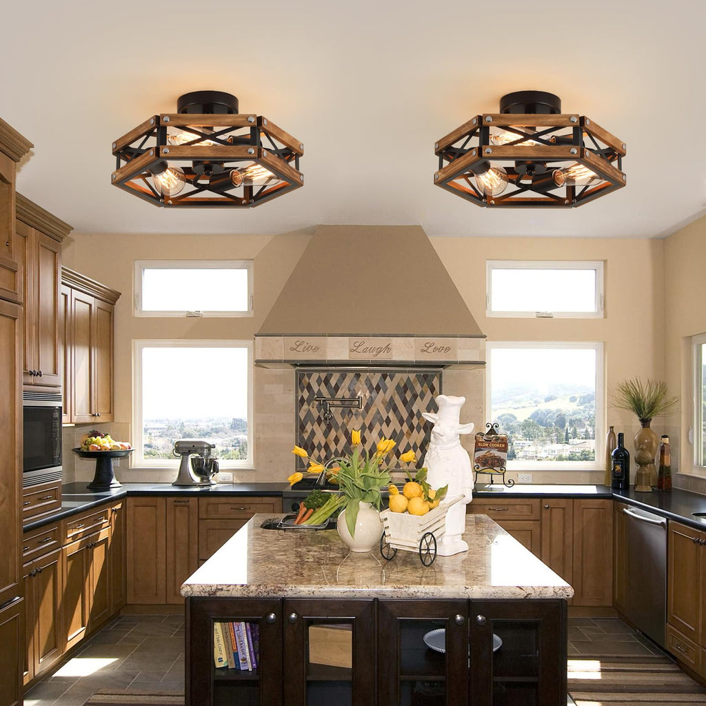 3-Light Rustic Farmhouse Wood Flush Mount Ceiling Light Fixture Oak Wood and Metal Cage Semi Flush Mount Ceiling