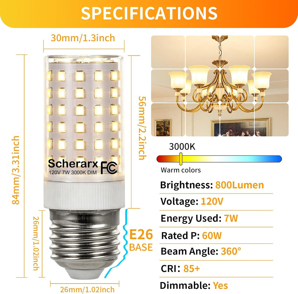 3 Pack E26 LED Bulb 60 Watt Equivalent, Dimmable Corn Light Bulb, Warm White 3000K, 7W 120V, 800LM, for Indoor Light