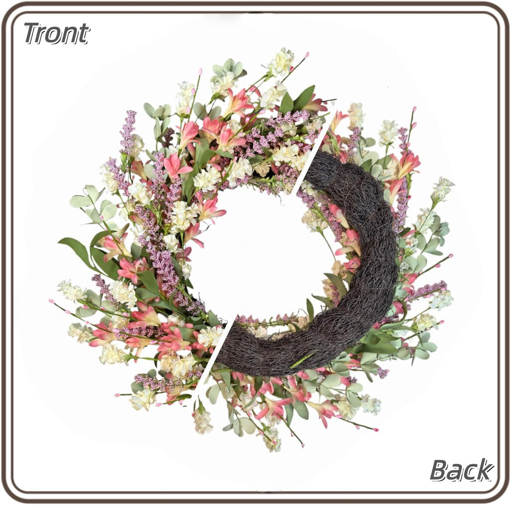 24 Inch Spring Summer Wreath for Front Door - with Colorful Flowers & Green Leaves - Indoor Outdoor Farmhouse Porch
