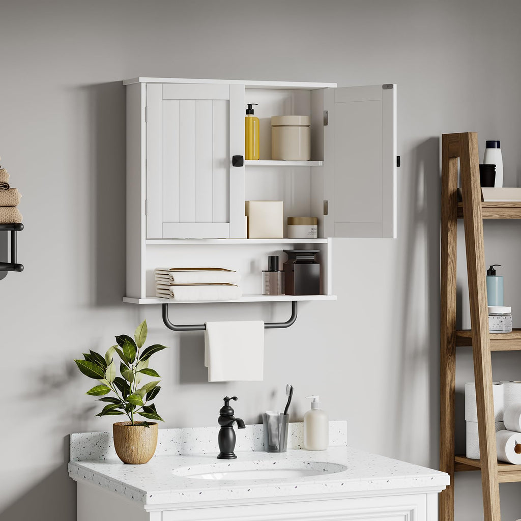 Bathroom Cabinet Wall Mounted Medicine Cabinets with Towels Bar (White)