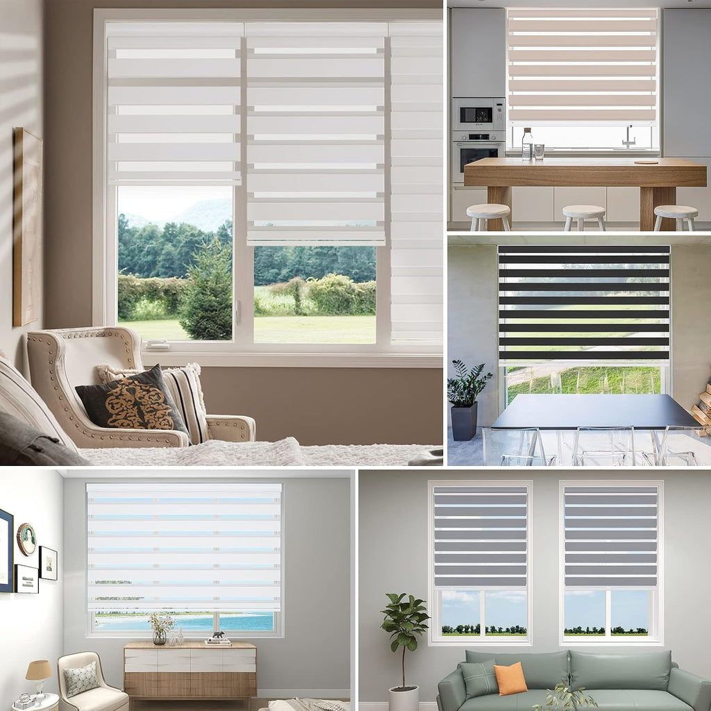 Custom Size Zebra Blinds Cordless Indoor Window Shades Privacy Dual Layer , Inside Outside Mount Easy Install