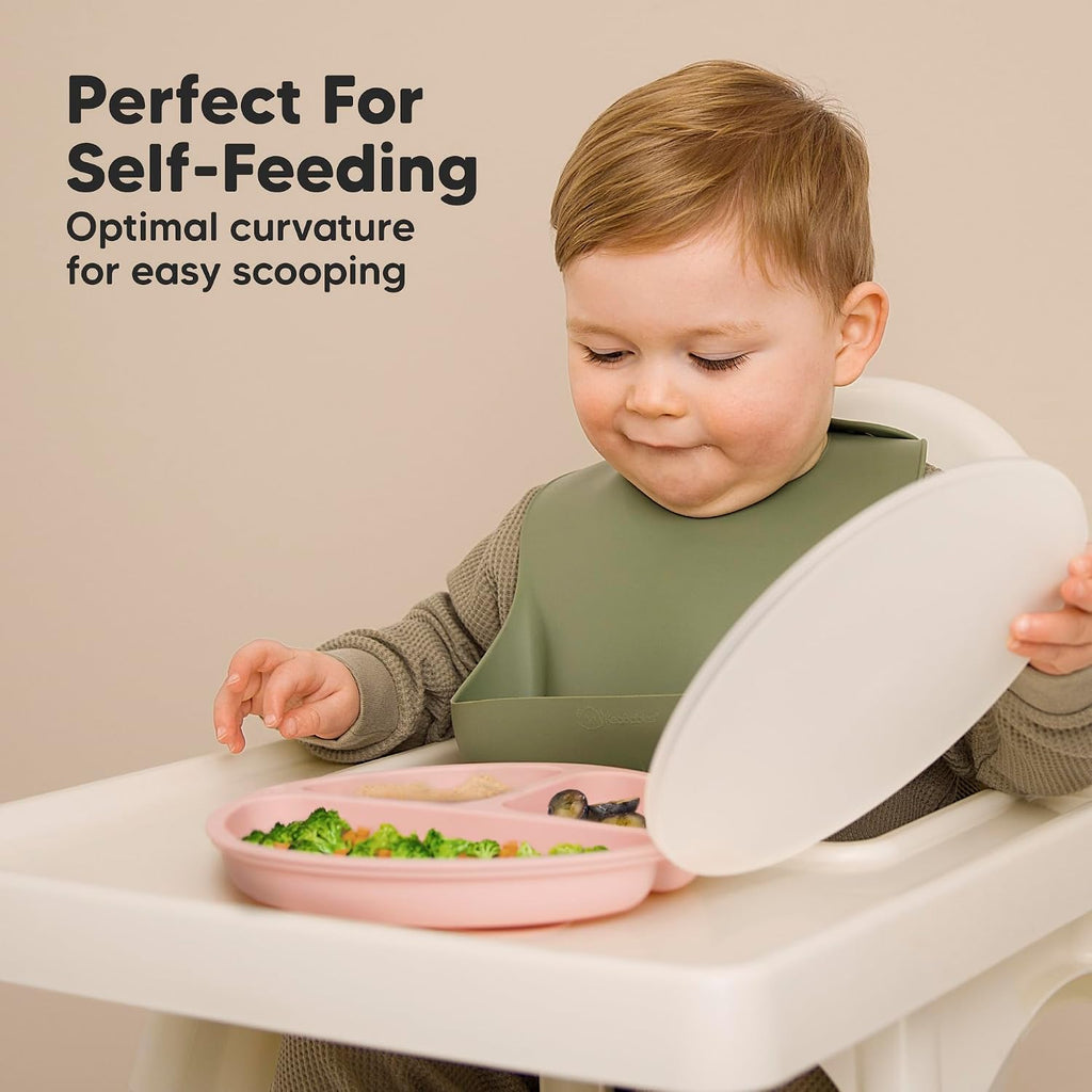 Suction Plates with Lids for Baby, 3pk, BPA-Free Silicone,Macaron