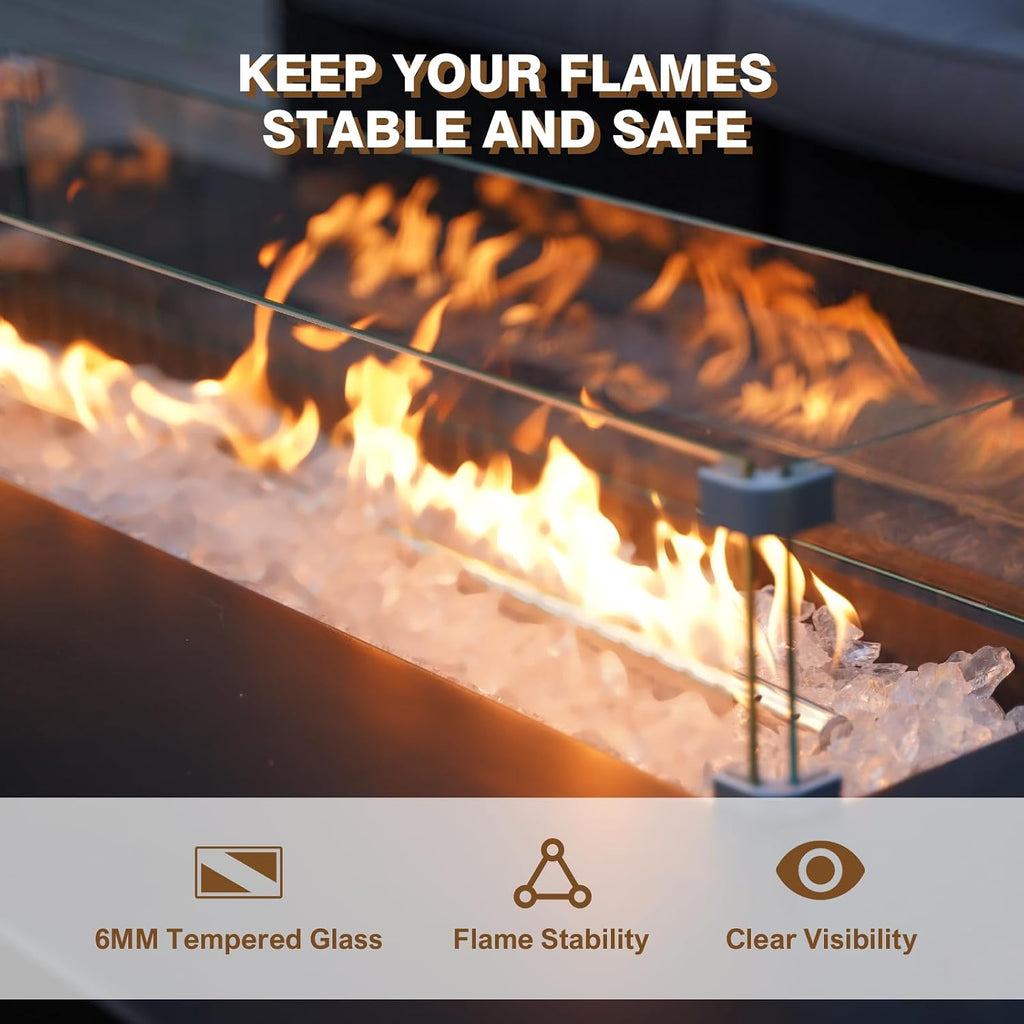 2-Piece Outdoor Propane Fire Pit Table Set - Premium Marble-Like MgO Finish, 56-Inch Gas Fire Table with Glass Wind