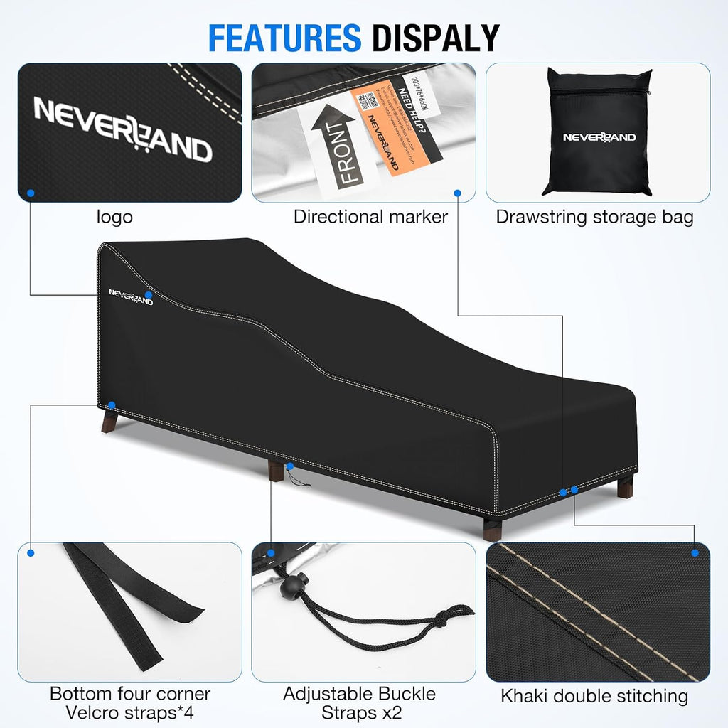 Chaise Lounge Covers 2 Pack - 420D Lounge Chair Cover Waterproof Outdoor with Bottom Drawstring and 4 Corner Straps
