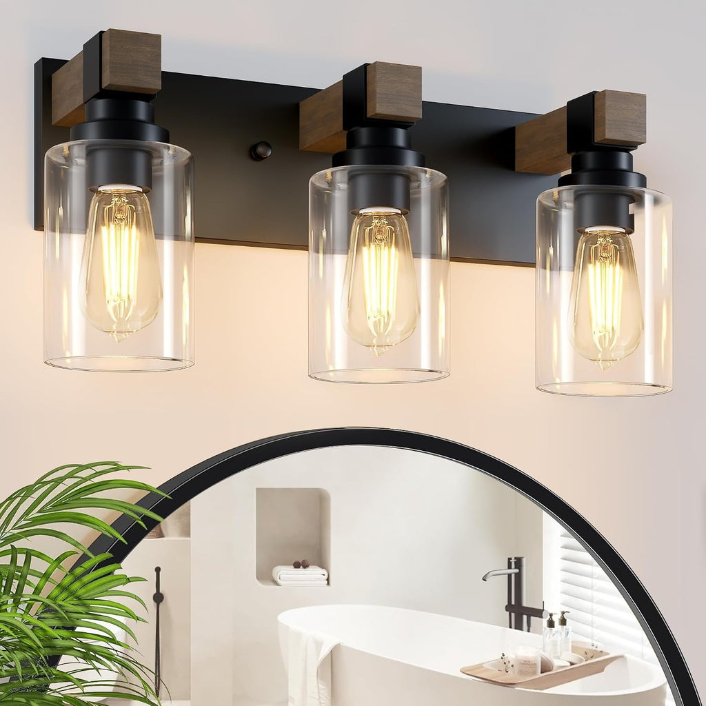 Farmhouse 3-Light Bathroom Vanity Light Fixtures, Black and Wood | 18.8′′ Rustic Matte Black Metal Frame, Clear Glass