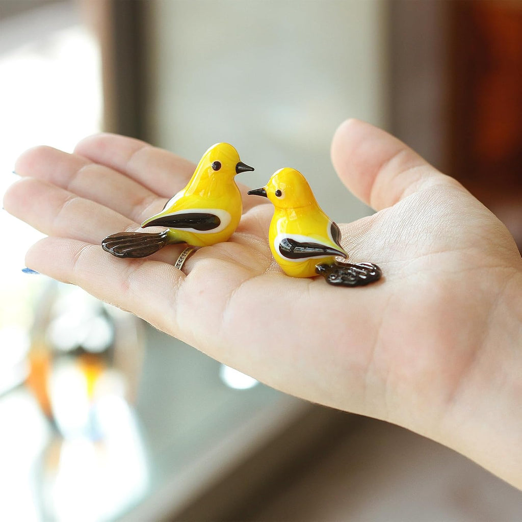 Murano Style Art Glass Animal Figurines Yellow Pair of Birds Miniature - Set of 2