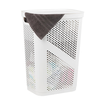 Slim Laundry Hamper with Lid, 60L Clothes Basket, Ventilated Plastic, White