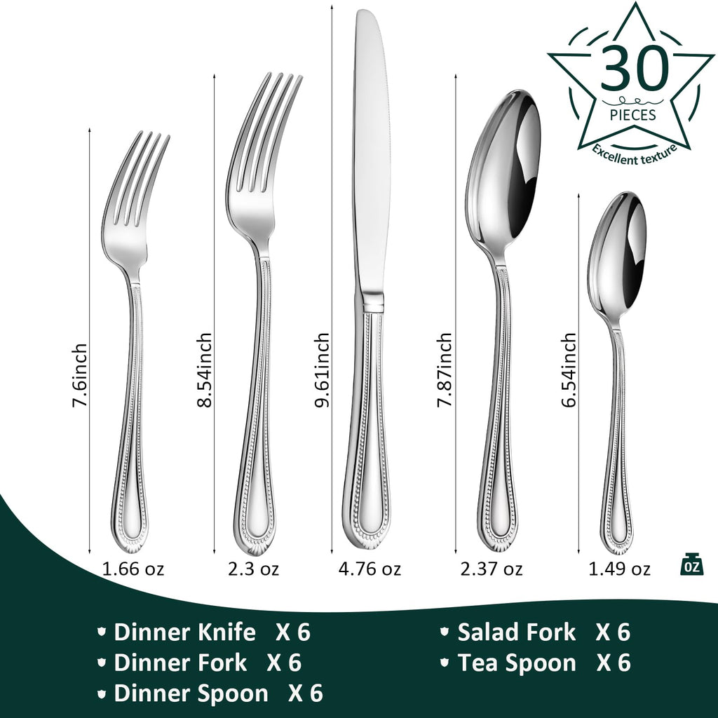 Silverware Set for 6, 30-Piece 18/10 Stainless Steel Flatware Set, Mirror Polished Modern Cutlery Set include Fork
