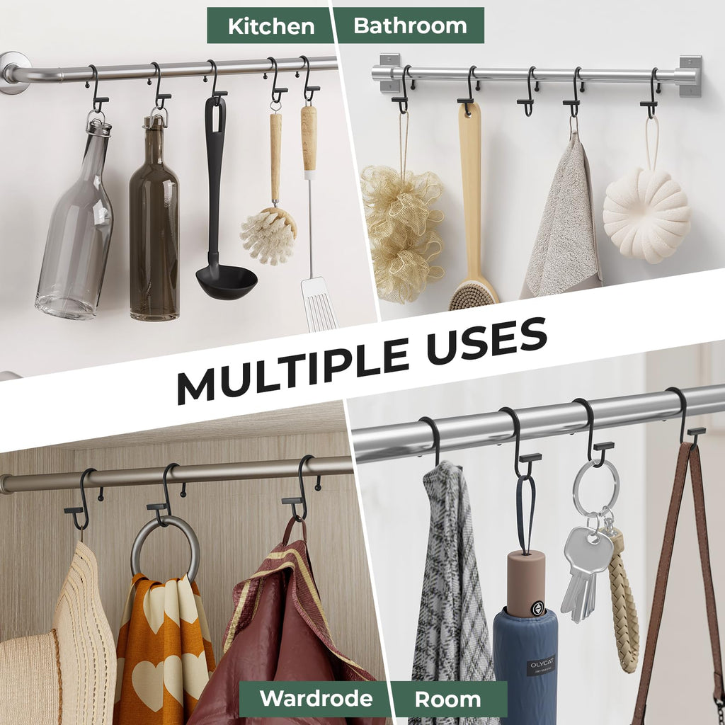 Shower Curtain Hooks, Black Shower Curtain Rings Rust Proof, 12PCS Shower Hooks for Shower Curtain, T-Bar Design