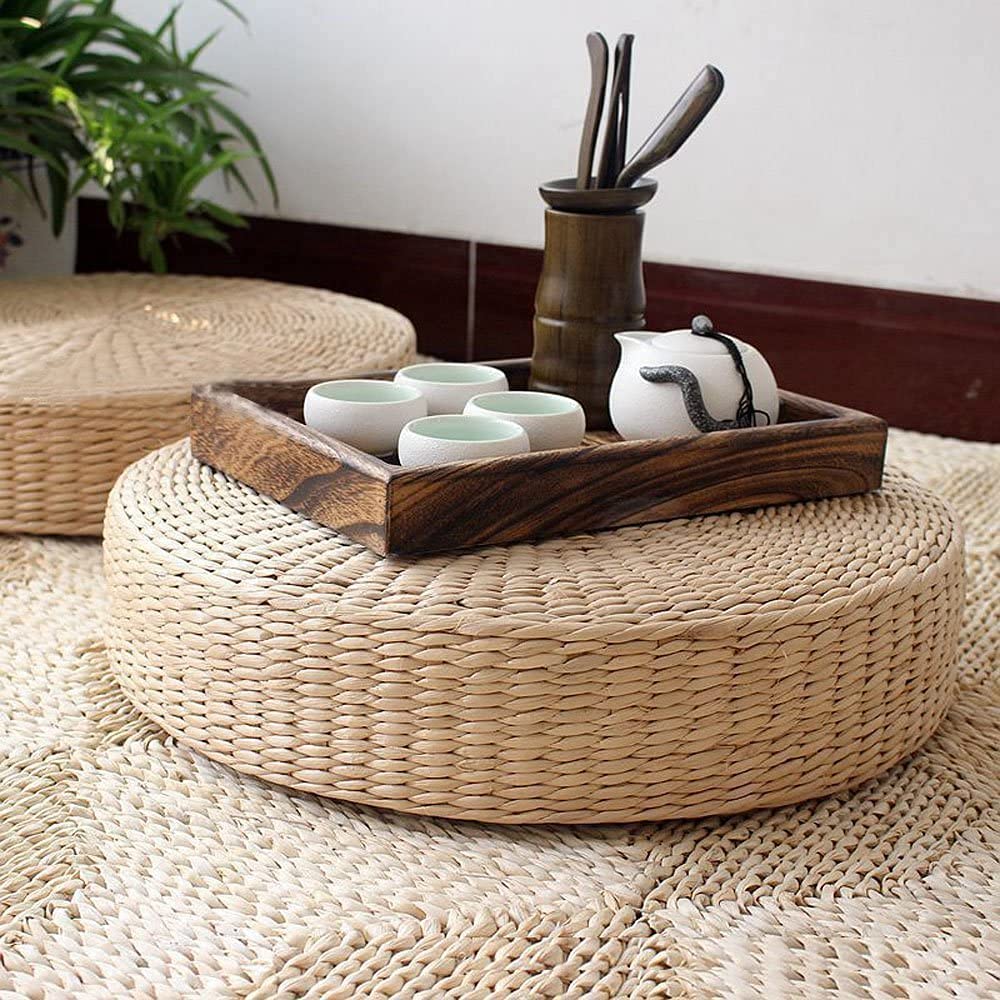 Tatami Floor Pillow Sitting Cushion, Round Padded Room Floor Straw Mat for Outdoor Seat(2 Pack Bigger Size)