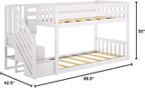 Low Bunk Bed, Twin-Over-Twin Bed Frame For Kids With Stairs, White