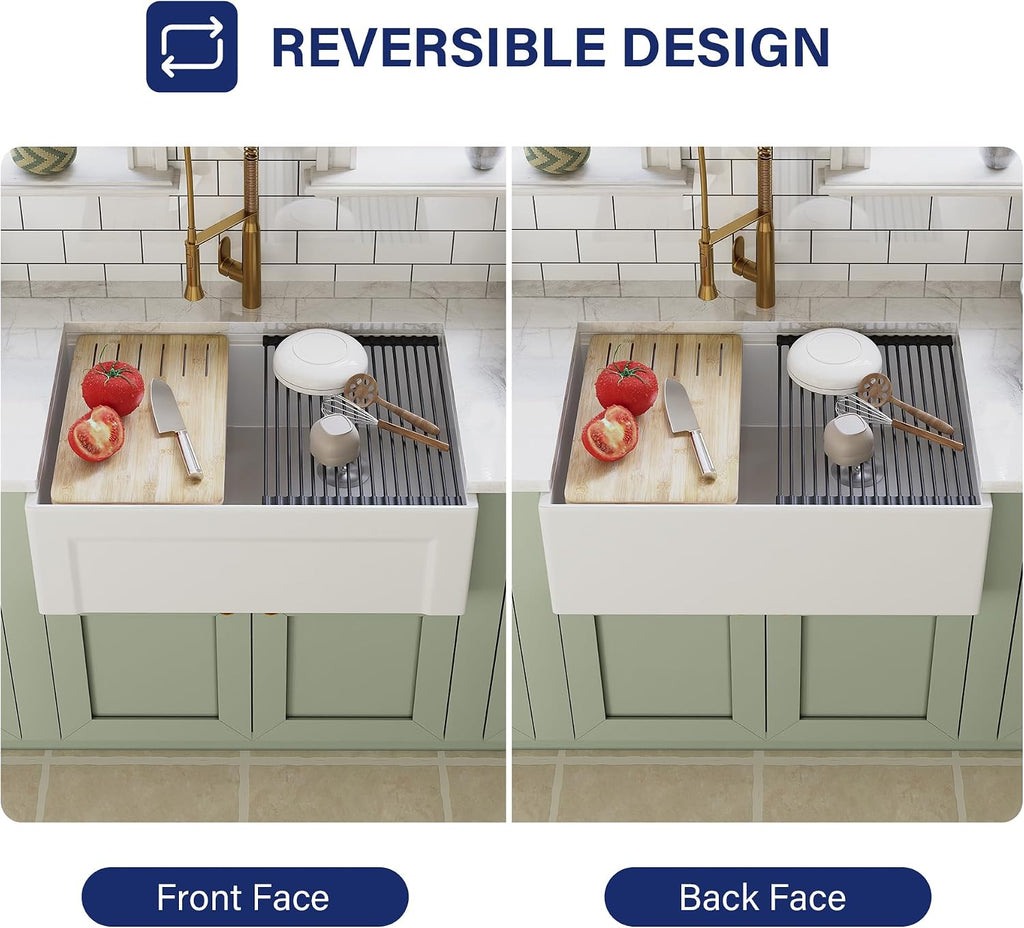 White Farmhouse Workstation Sink 30 Inch | Reversible Deep Single Bowl Apron Front Kitchen Sink, Undermount Farm Sink