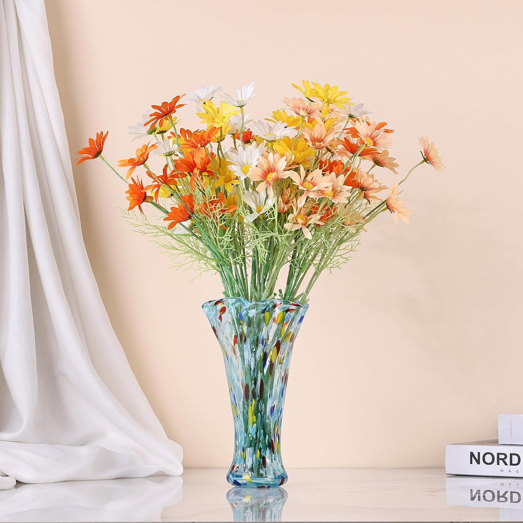 Hand Blown Glass Vase for Flowers, Murano Style Fluted Art Aqua Glass Vase, Wide Mouth Colorful Decorative Vase
