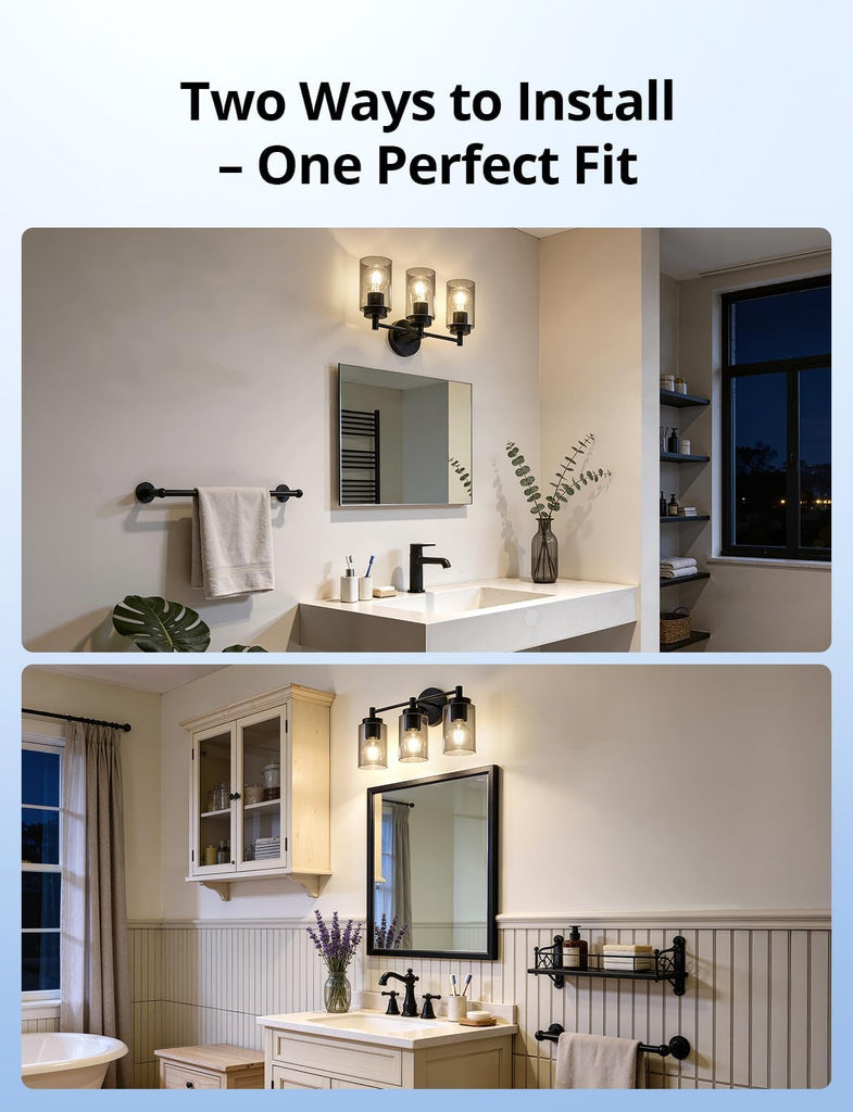 3 Light Bathroom Light Fixtures Modern, Black Over Mirror Lamp | 17.12", Smoky Glass, Soft Cozy Glow, Washroom Vanity