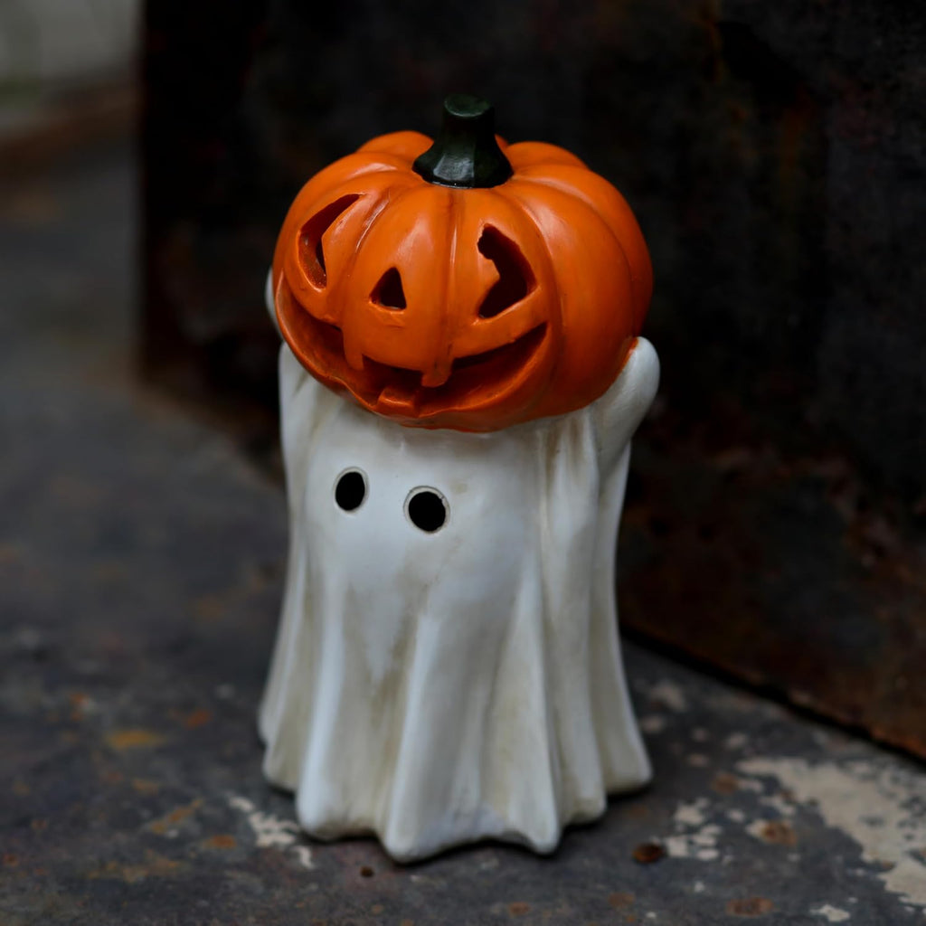 Halloween Ghost Decoration with Light-Up Jack-o'-Lantern Head,Cute Little White Ghost Holding Mini Pumpkin