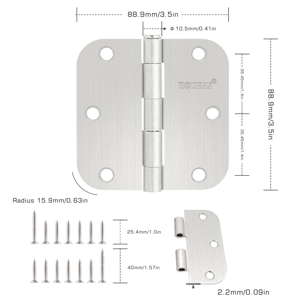 18 Pack Brushed Nickel Door Hinges 3.5 Inch, 5/8" Radius Rounded, Standard Residential for Doors 3 1⁄2", Sturdy