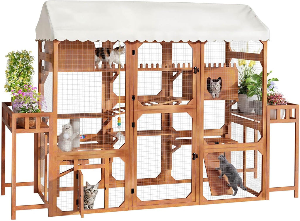 Large Catio Outdoor Cat Enclosure, Solid Wood Cat House for 2-8 Cats, Brown