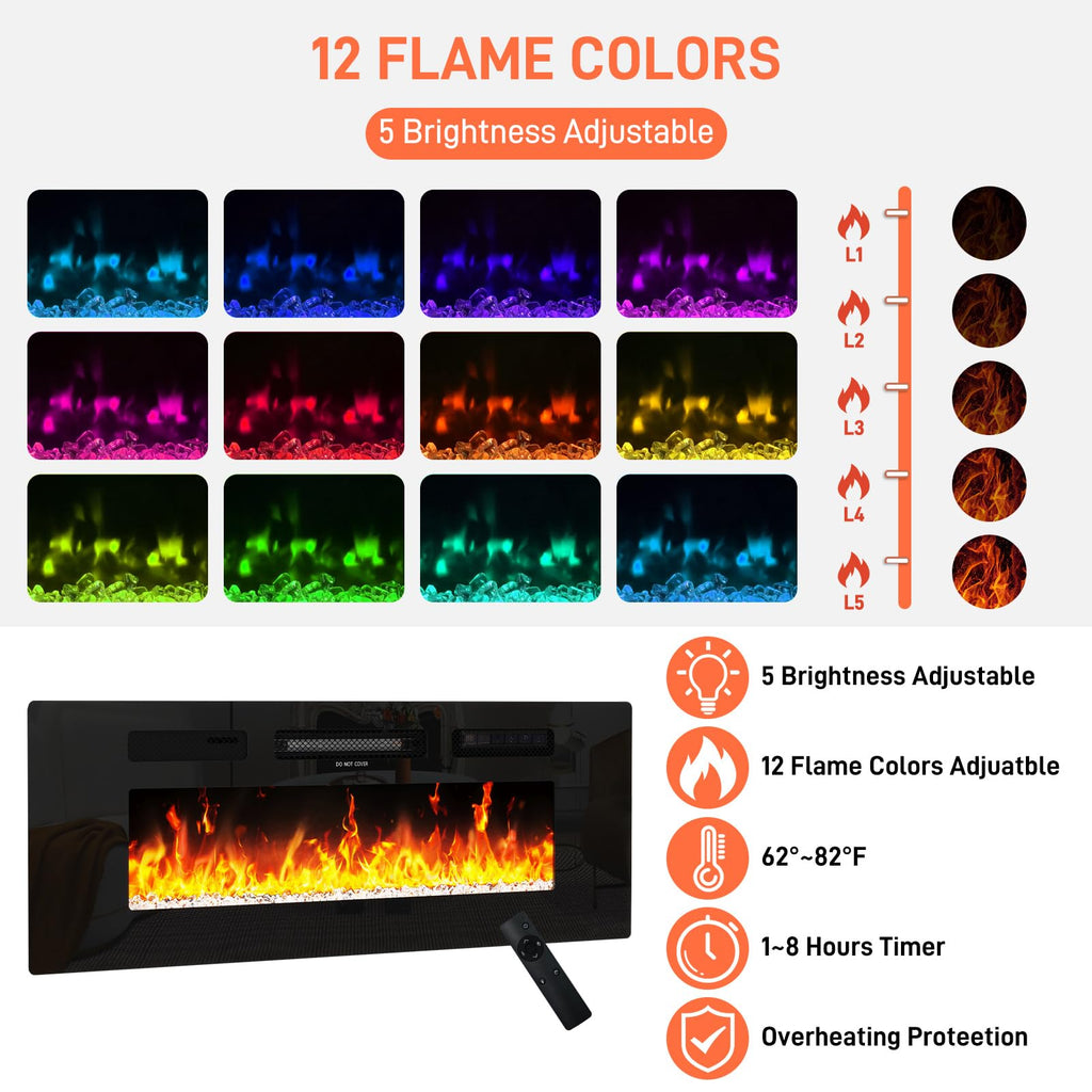 71" Floating for up to 85" TVs, Modern High Gloss Entertainment Center w/40 Electric Fireplace, Charging Station&LED