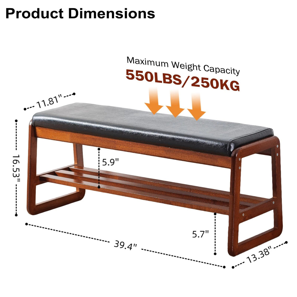 Solid Wood Shoe Bench, 2-Tier Wooden Entryway Bench, Modern Shoe Rack with Cushion (Black, 39.4'')