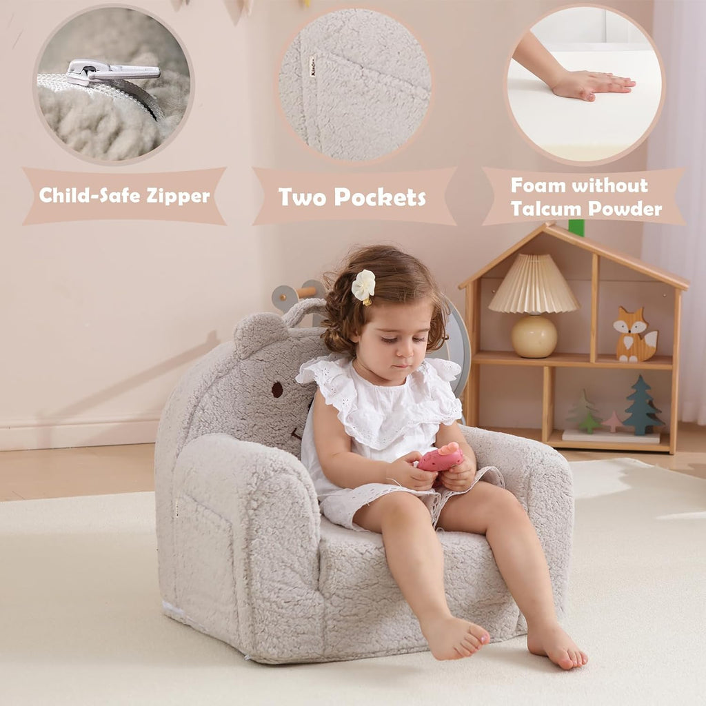 Kids Chair, Sherpa Bear Fold-Out Convertible Kids Couch, Grey