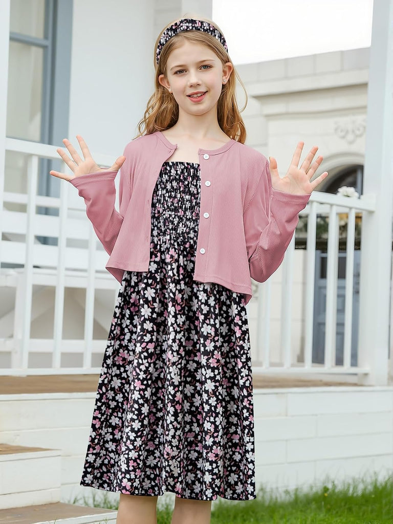 Girls Casual Adjustable Strap Sleveless Dress Cardigan Set