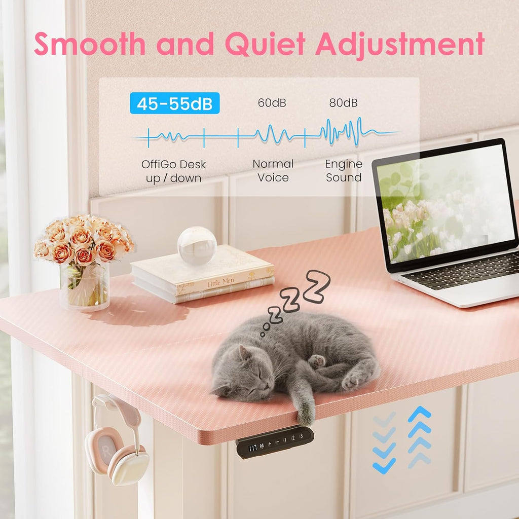 48" Pink Electric Standing Desk Height Adjustable | 3 Memory Presets, Rear Cable Notch, Dual Side Hooks, Stand Up