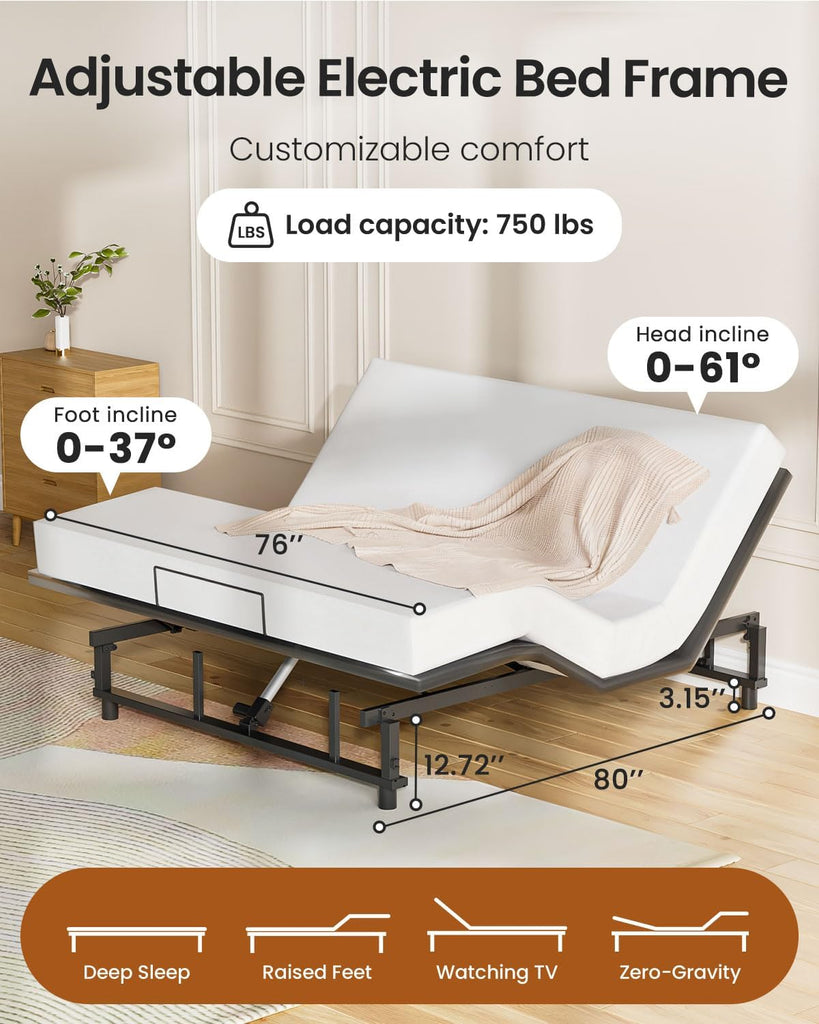King Adjustable Bed Frame with Zero Gravity Wireless Remote, Easy Assembly