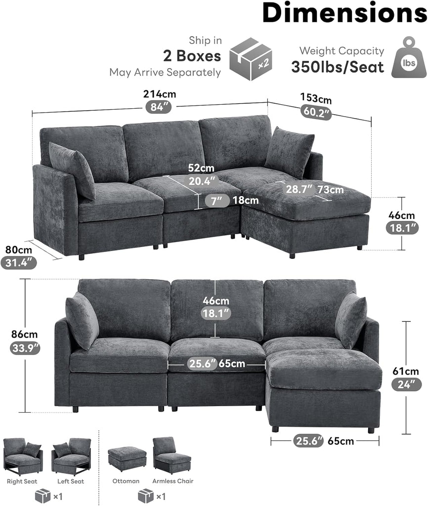 Sectional Couch , Comfy L Shaped Convertible Sofa, 4 Seater Modern Chenille Sofa with Ottoman, Grey