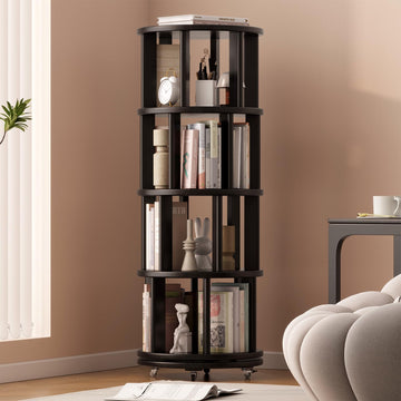 4 Tier Solid Wood Rotating Bookshelf Tower on Wheels, Black