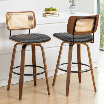 Mid Century Modern Counter Stools, Swivel Rattan Counter Stools Walnut