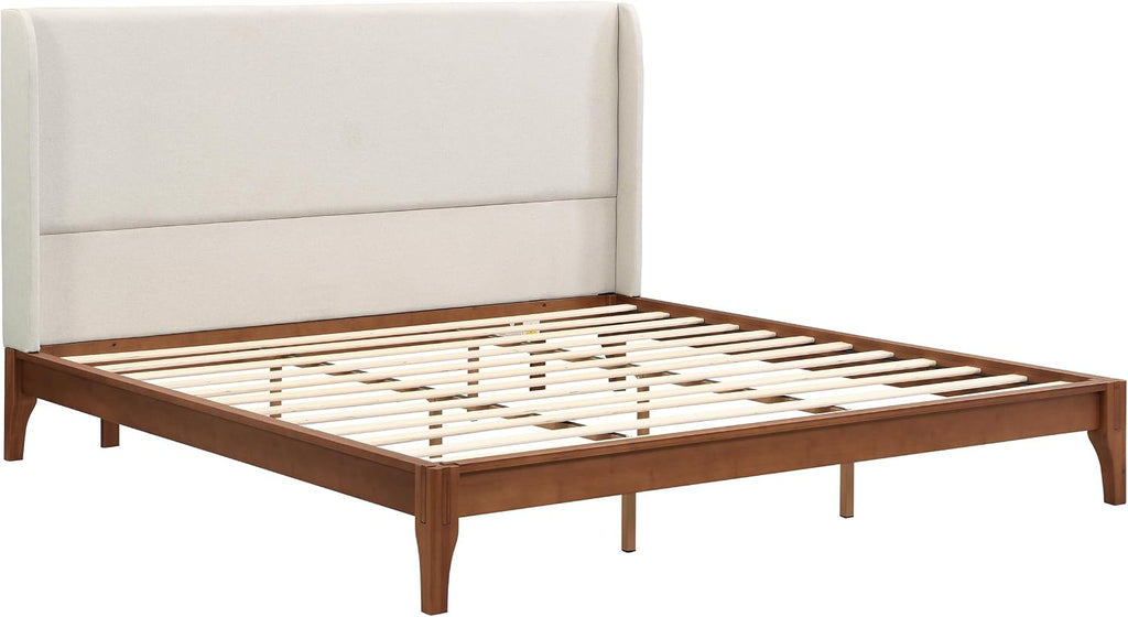 King Wingback High Headboard, Upholstered Linen Fabric Headboard, Bamboo Wood, Easy Assembly, 48''H, Tan