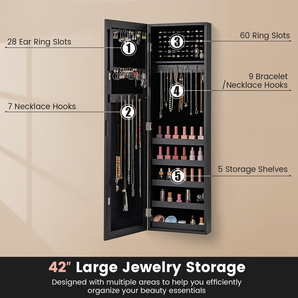 42" Jewelry Armoire, Wall/Door Mounted Hanging Jewelry Cabinet (Black)