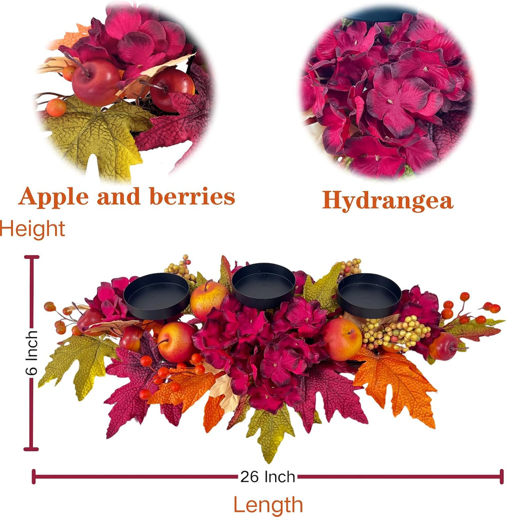 26 Inch Fall Candle Holder Centerpiece with Hydrangea and Apples | Three Candle Cups, Burgundy Hydrangea and Faux