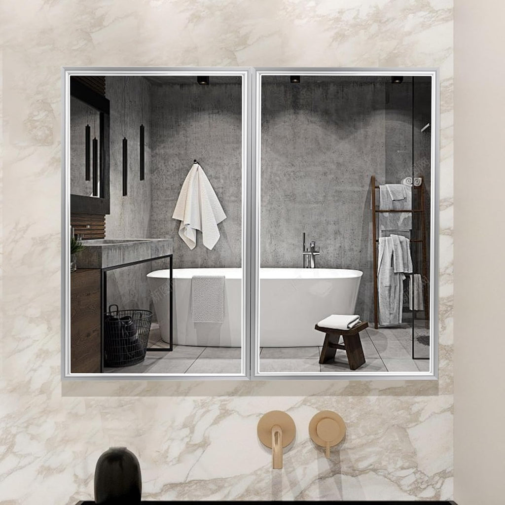 36" x 32" Large Medicine Cabinet with Mirror, Silver Aluminum Framed Bathroom Vanity Mirror Cabinet, Double Door