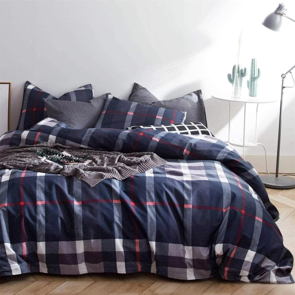 Navy Plaid Comforter Set Men Women Blue Tartan Bedding Set Geometric Buffalo Checkered Blanket Quilts