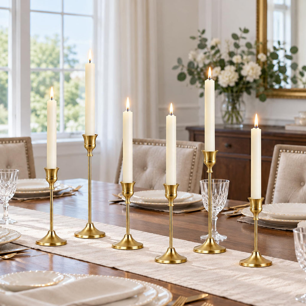 Gold Candle Holders for Candlesticks 8 Sets(24 PCS), Tapered Candlestick Holders with 3 Heights, Metal Vintage Candle