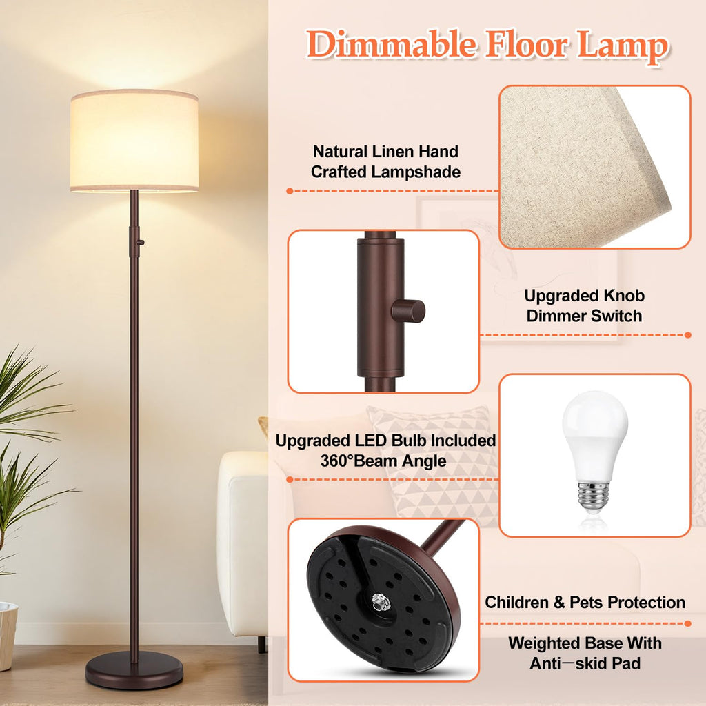 Upgraded】 Dimmable Floor Lamp, Modern Floor Lamps, Standing Lamp with Linen Shade, Tall Lamp Office Dining Room