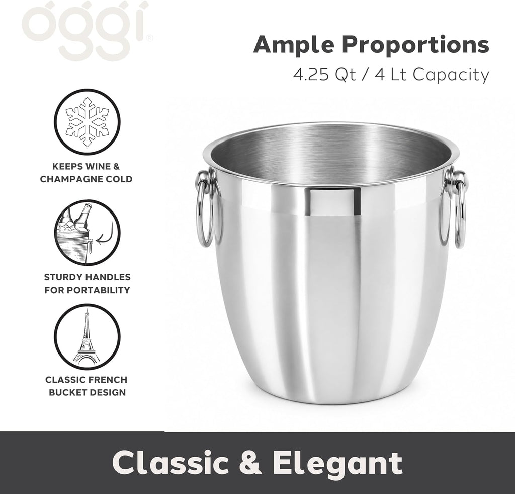 Stainless Steel Champagne Bucket 4 Liter (4.25 Qt), Large Champagne Bucket with Handles for Parties & Celebrations