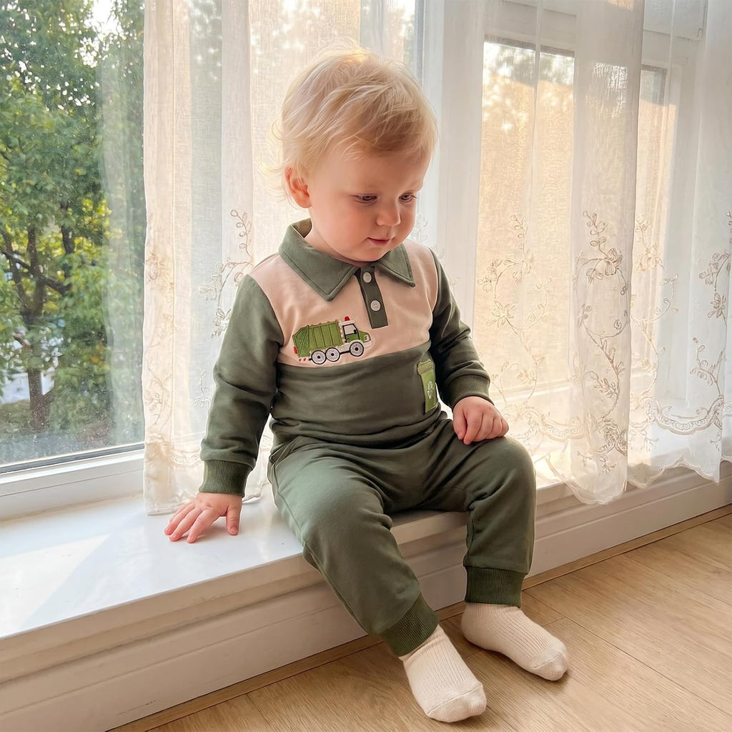 Baby Boy Fall Clothes Toddler Winter Outfits Long Sleeve Contrast Lapel Truck Embroidery Sweatshirt + Pants Sets