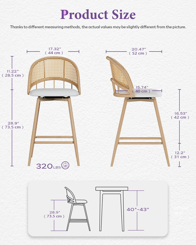29'' Bar Stools Set of 4, Rattan Counter Height Swivel Stools