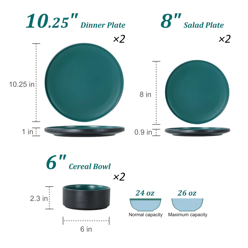 6 Piece Ceramic Plates and Bowls Sets for 2, Modern Green