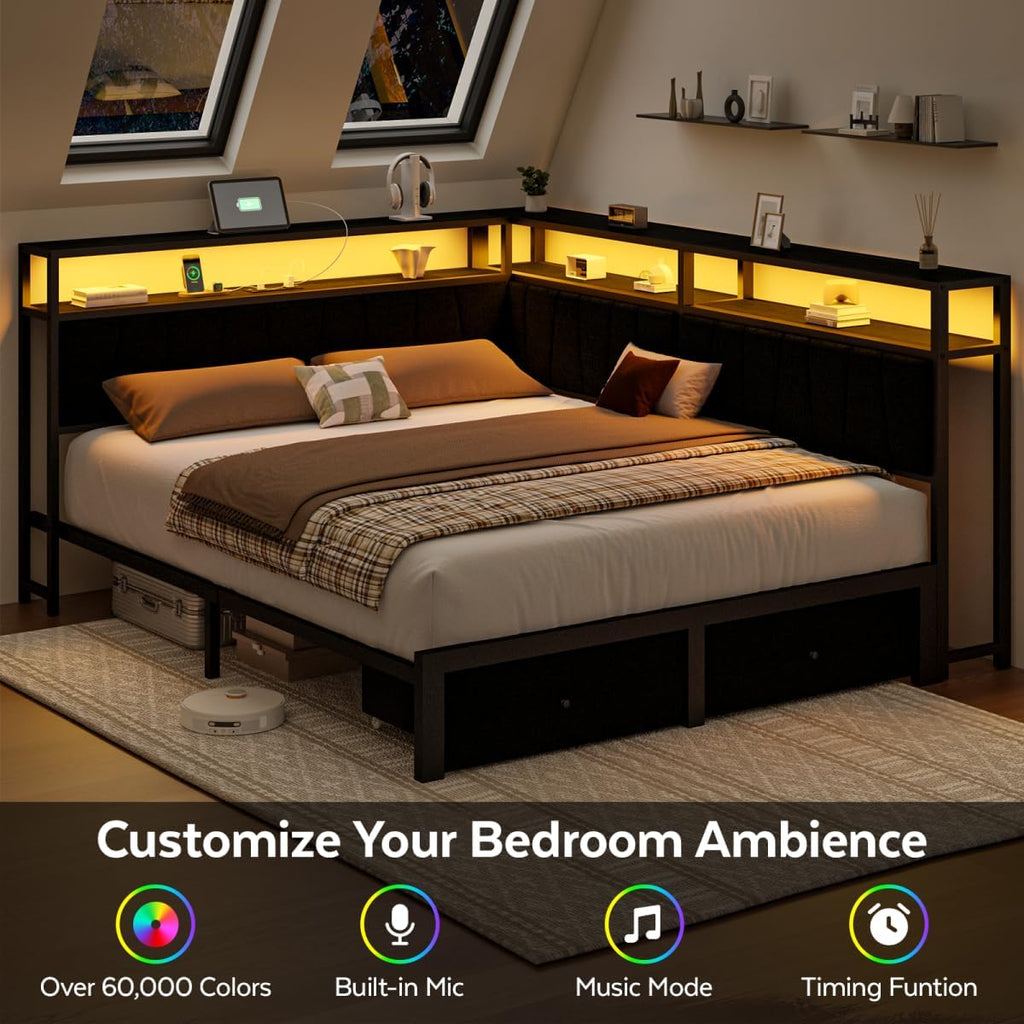 Queen Corner Bed Frame with Storage Drawers, Modern Daybed with LED Lights and Charging Station, Metal Platform Bed