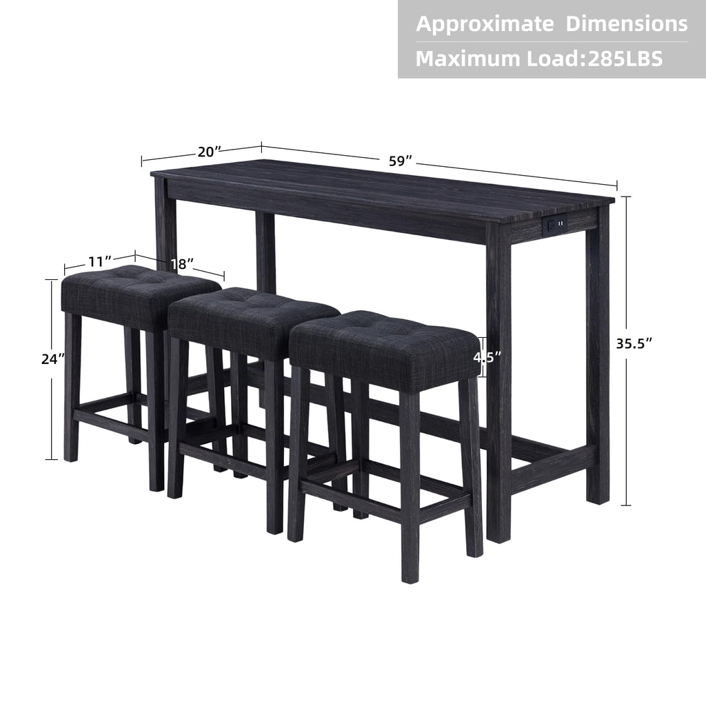 4 Piece Bar Table Set with Power Outlet, Industrial Breakfast Table with 3 Padded Stools Solid Wood Counter Height