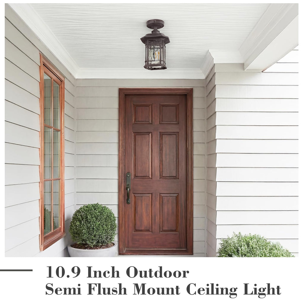 Dusk to Dawn Semi Flush Mount Celing Light, 10.9" Outdoor Porch Light with Water Ripple Glass, Oil Rubbed Bronze