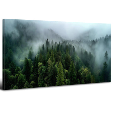Forest Canvas Wall Art Misty Green Mountain Pine Tree Wall Decor Vintage Nature Foggy Scenery Picture Bedroom Cloudy