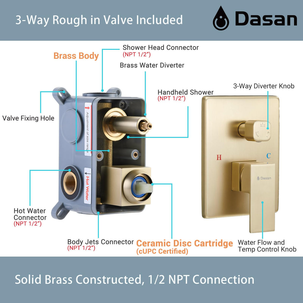 Full Body Rain Shower System with 4 Body Shower Jets & 12'' Wall Mount Rainfall Shower Head & Handheld, Multi Shower