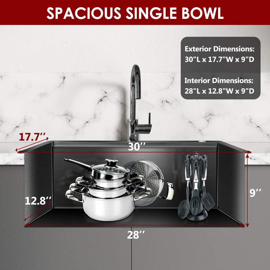 30 Inch Stainless Steel Kitchen Sink 16 Gauge Drop In Single Bowl Workstation Sink 2-Hole Top Mount Kitchen Basin