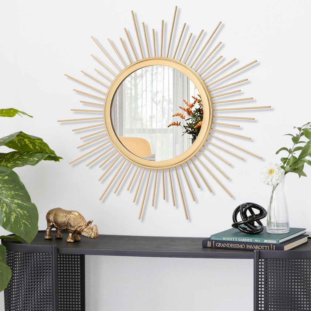 Large Gold Spoked Sunburst Wall Mirror Boho Home Decor Round Wall Art Mirror Modern Metal Mirrors for Wall Living