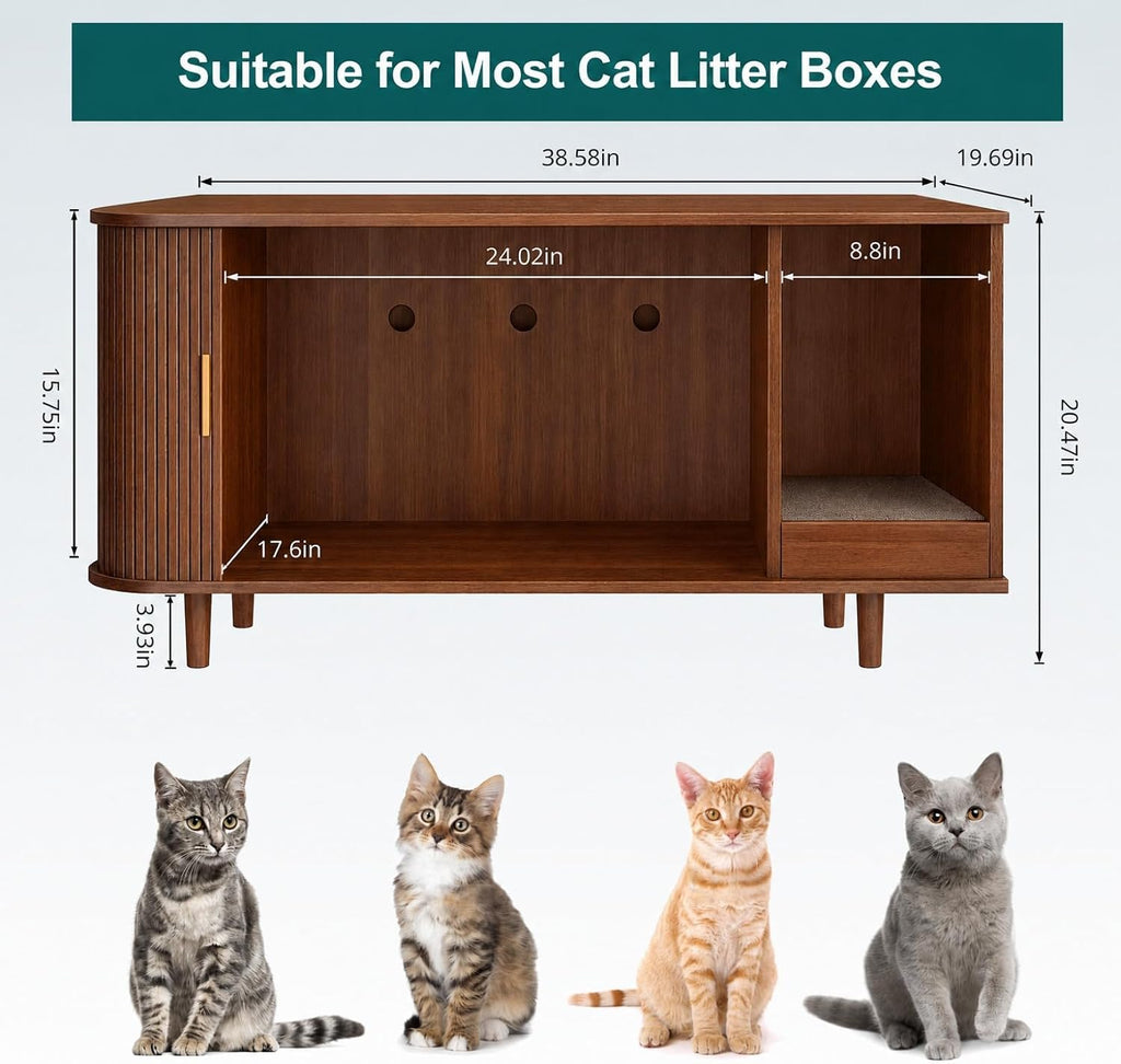 Cat Litter Box Enclosure with Scratch Pad, Sliding Door, 38.5" Cat Litter Furniture Hidden Litter Box Cabinet, Modern
